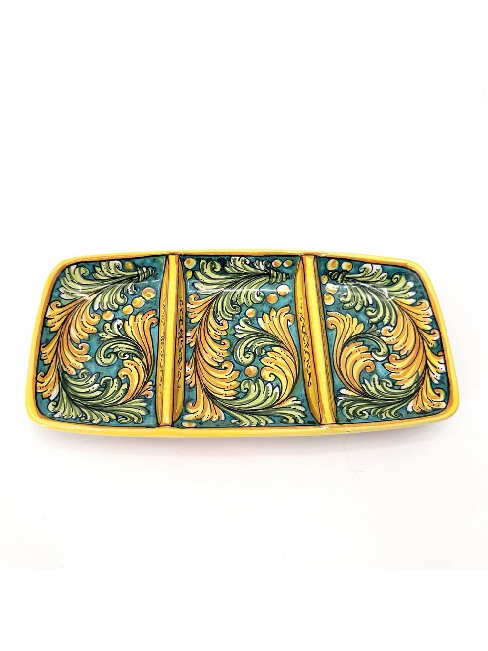 Colorful Ceramic Slotted Serving Tray Scroll Design Scaglia Caltagirone Italy